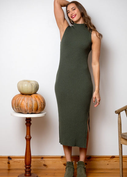 Urban Cozi Sleeveless Mock-Neck Knit Midi Dress in Olive