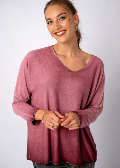 Silver Lining V-Neck Thin Knit Top in Maroon