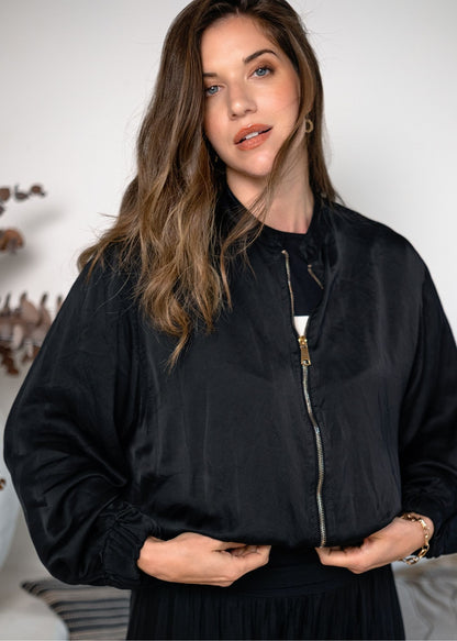 Lila  Bomber Jacket in Viscose Silk Blend in Black