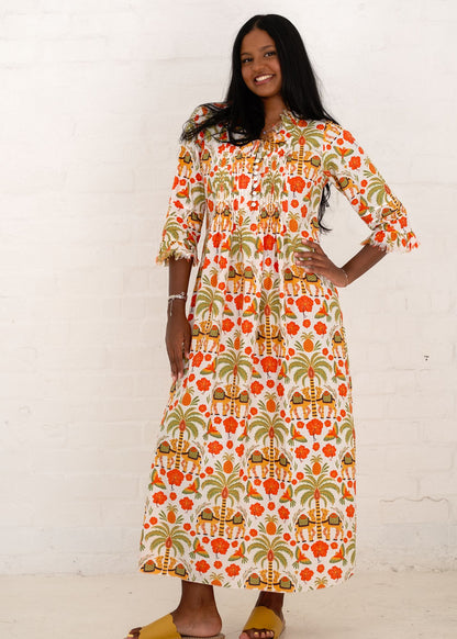 Sarah Dress with Frill in Orange and Green Camel