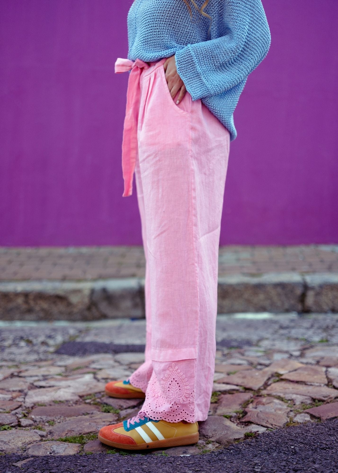 Lino 100% Linen Pants in Pink Broderie
