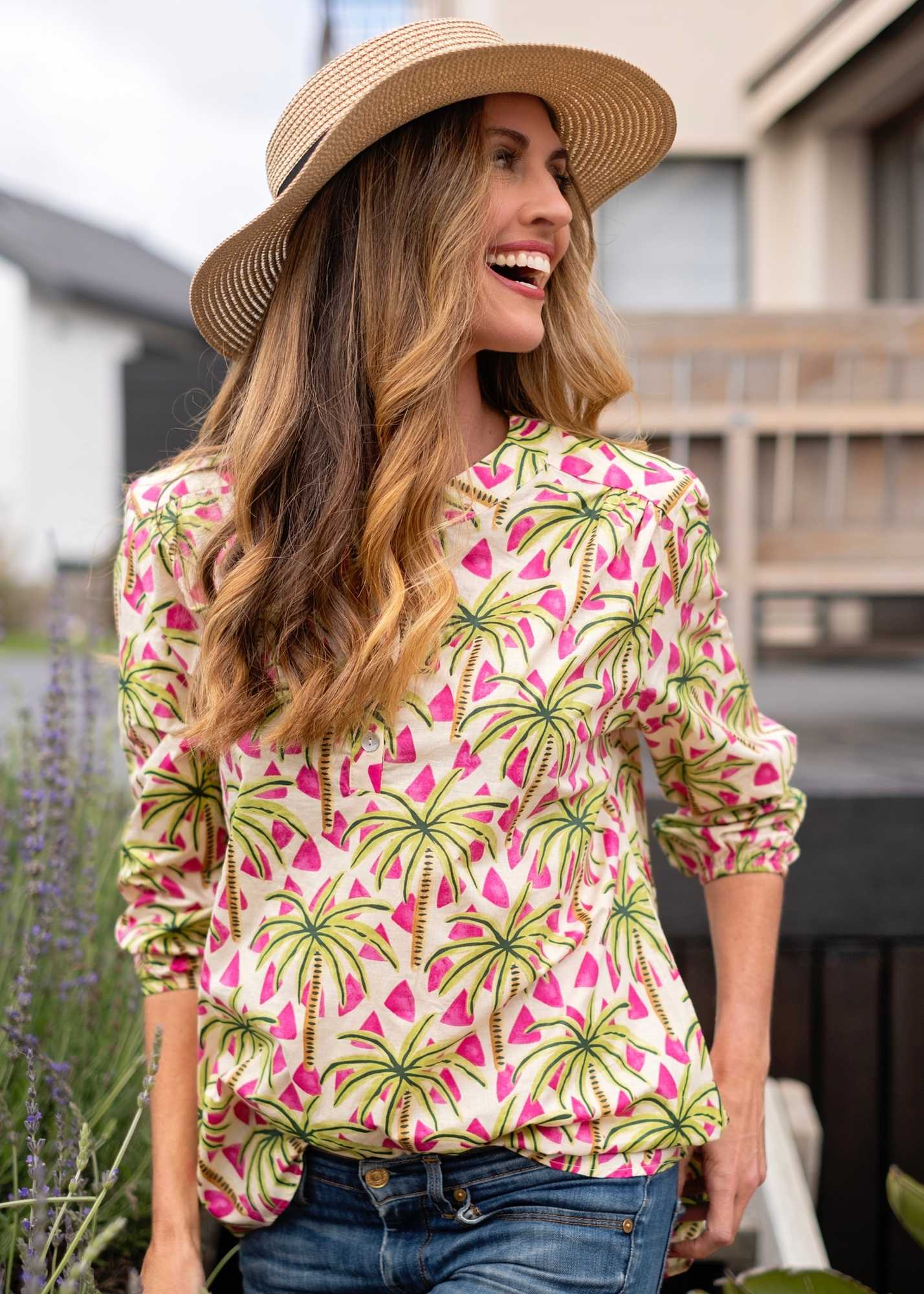 Lauren Comfy top, Pink and Green Palms