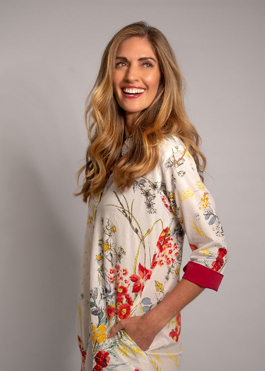Emma dress in White with Red Floral with Red Contrast -slim fit
