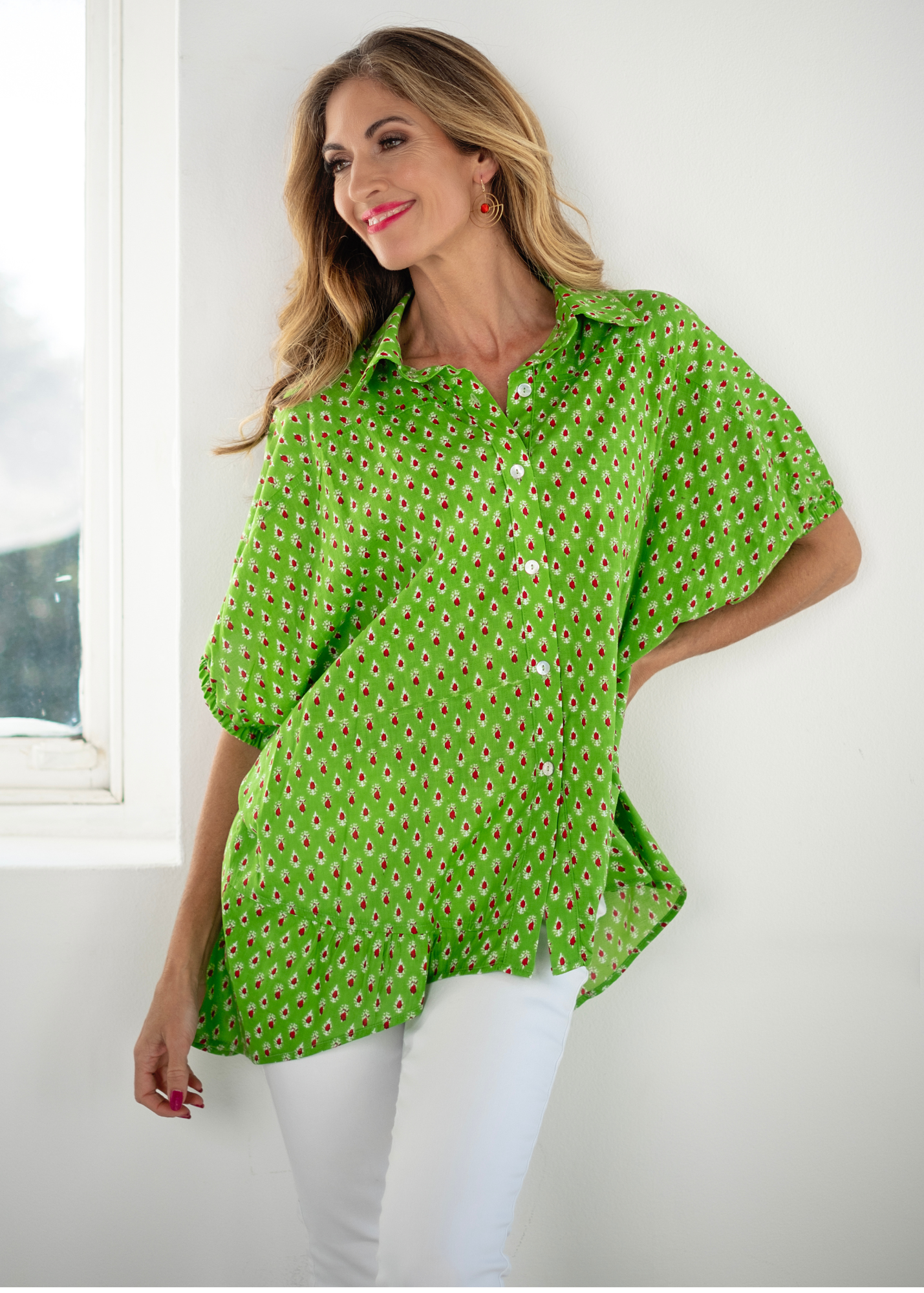 Athina blouse in Lime and Red Motif