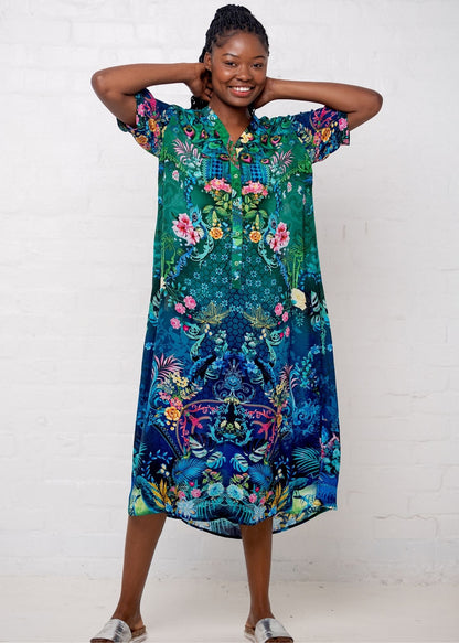 Maxine Dress in Blue and Green Peacock