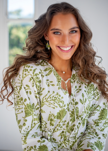 Asta Dress in Green and White Ikat