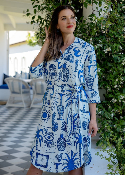 Gaby shirt dress in Blue and White Tropical