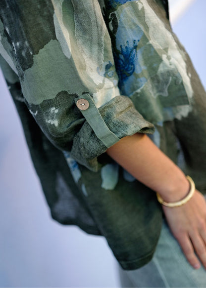 Lino 100% Linen Button Jacket in Heirloom Bloom Forest Frost