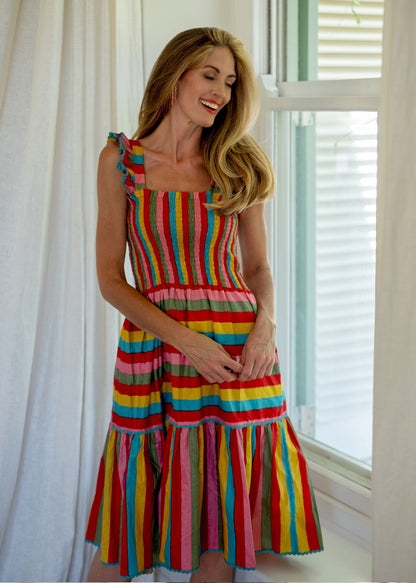 Aria Dress in Red Rainbow Stripes