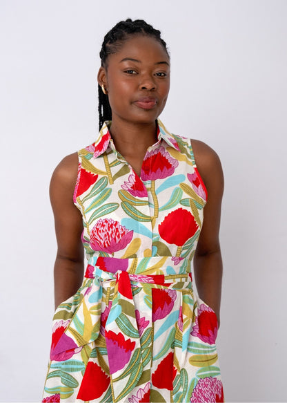 Candice Dress in White Protea Tapestry