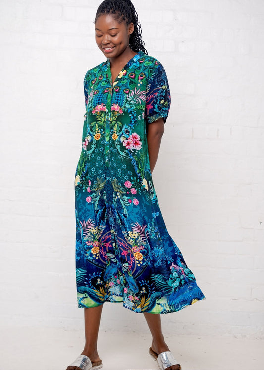 Maxine Dress in Blue and Green Peacock