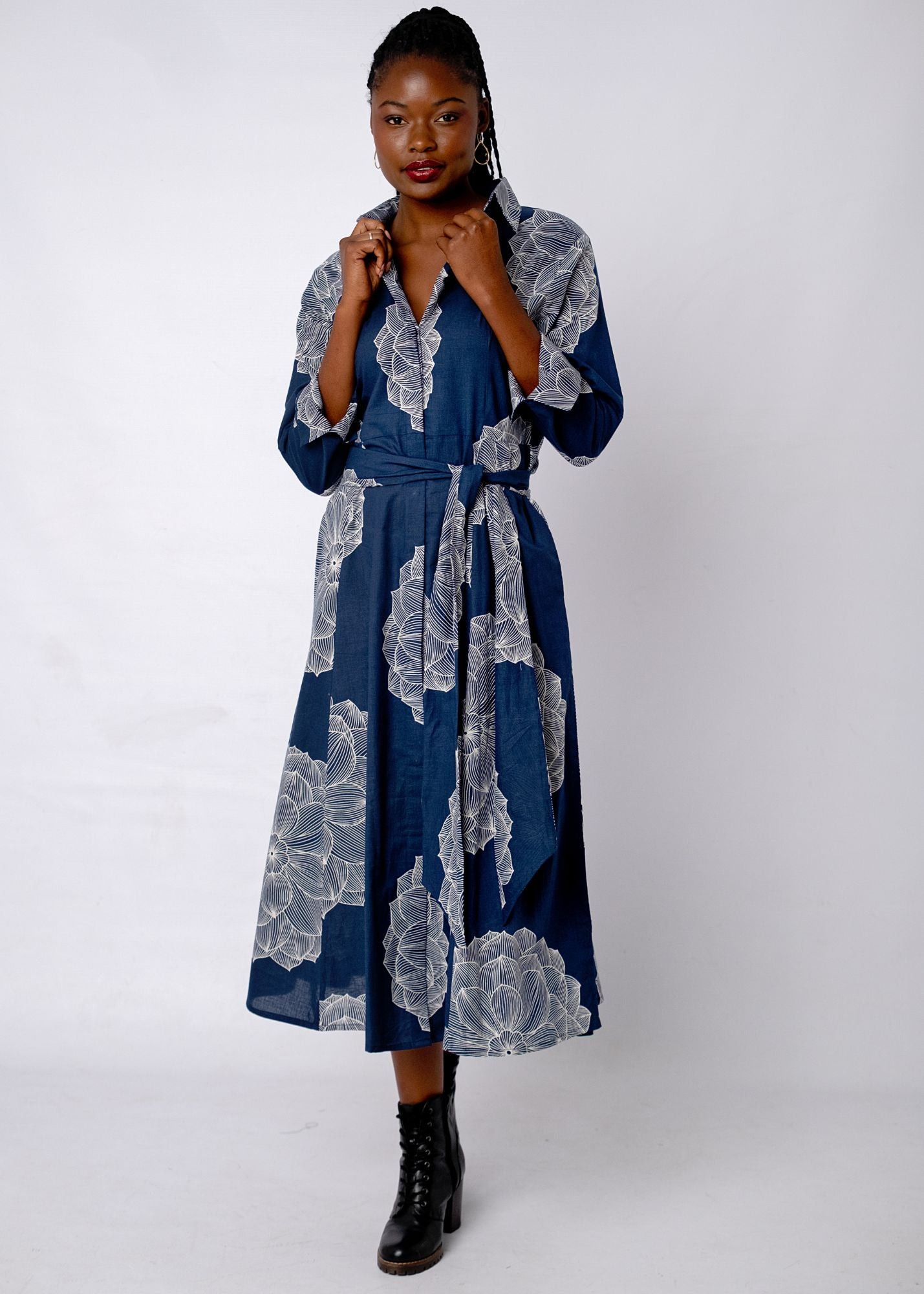 Marigold Shirt Dress in Indigo Bloom