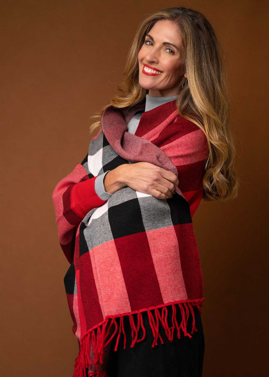 The Milan Knit Wrap with Sleeves  – Red and Black Check