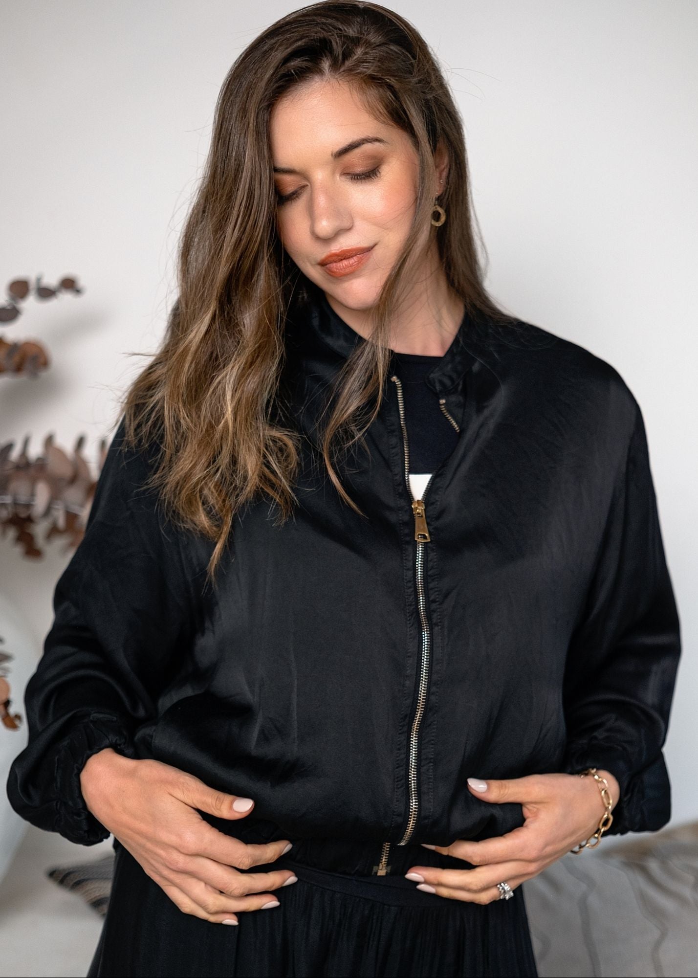 Lila  Bomber Jacket in Viscose Silk Blend in Black