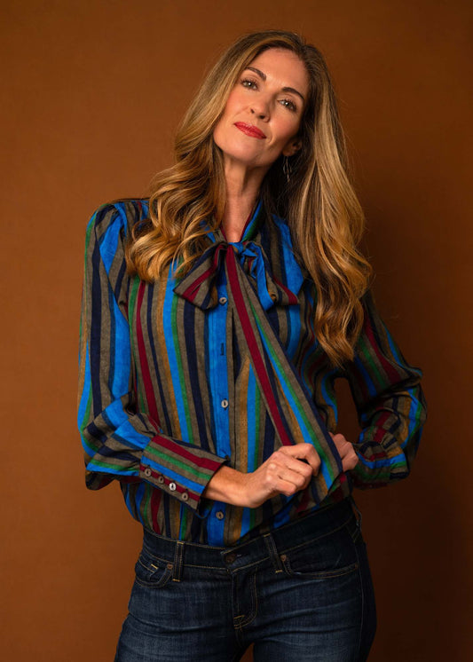 Pussycat Bow blouse, Grey, Blue and Maroon Stripes