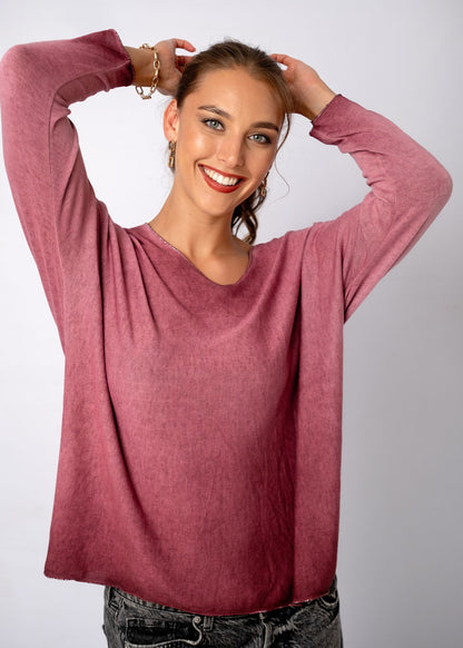 Silver Lining V-Neck Thin Knit Top in Maroon