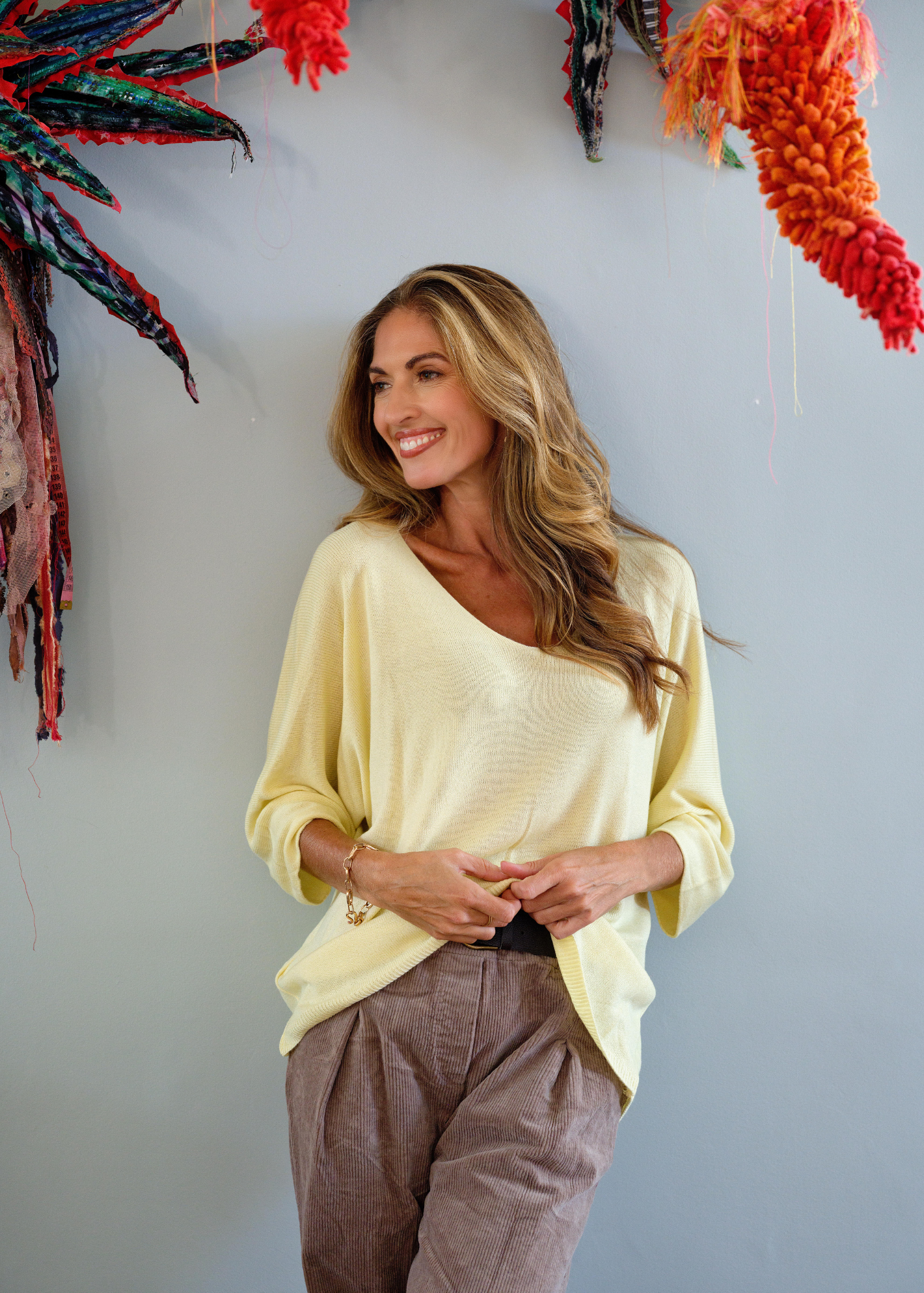 Slouchy Susan Knitted 3/4 Sleeve Top in Lemon