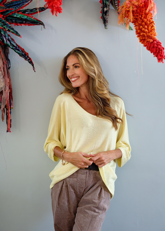 Slouchy Susan Knitted 3/4 Sleeve Top in Lemon
