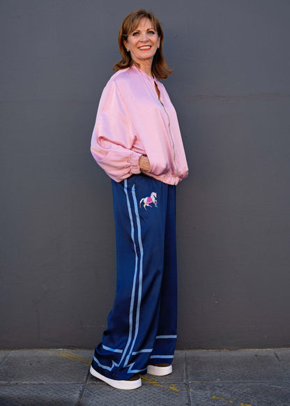Lila Viscose Silk Blend Pants in Blue Gallop Glam