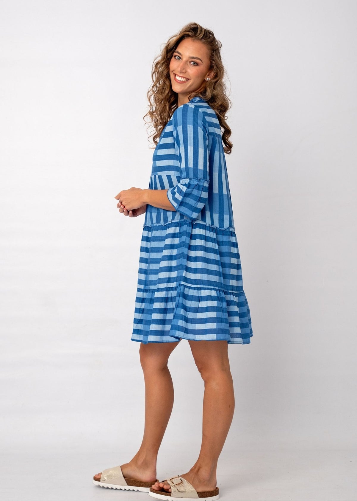 Loretta Dress in Indigo & Sky Check