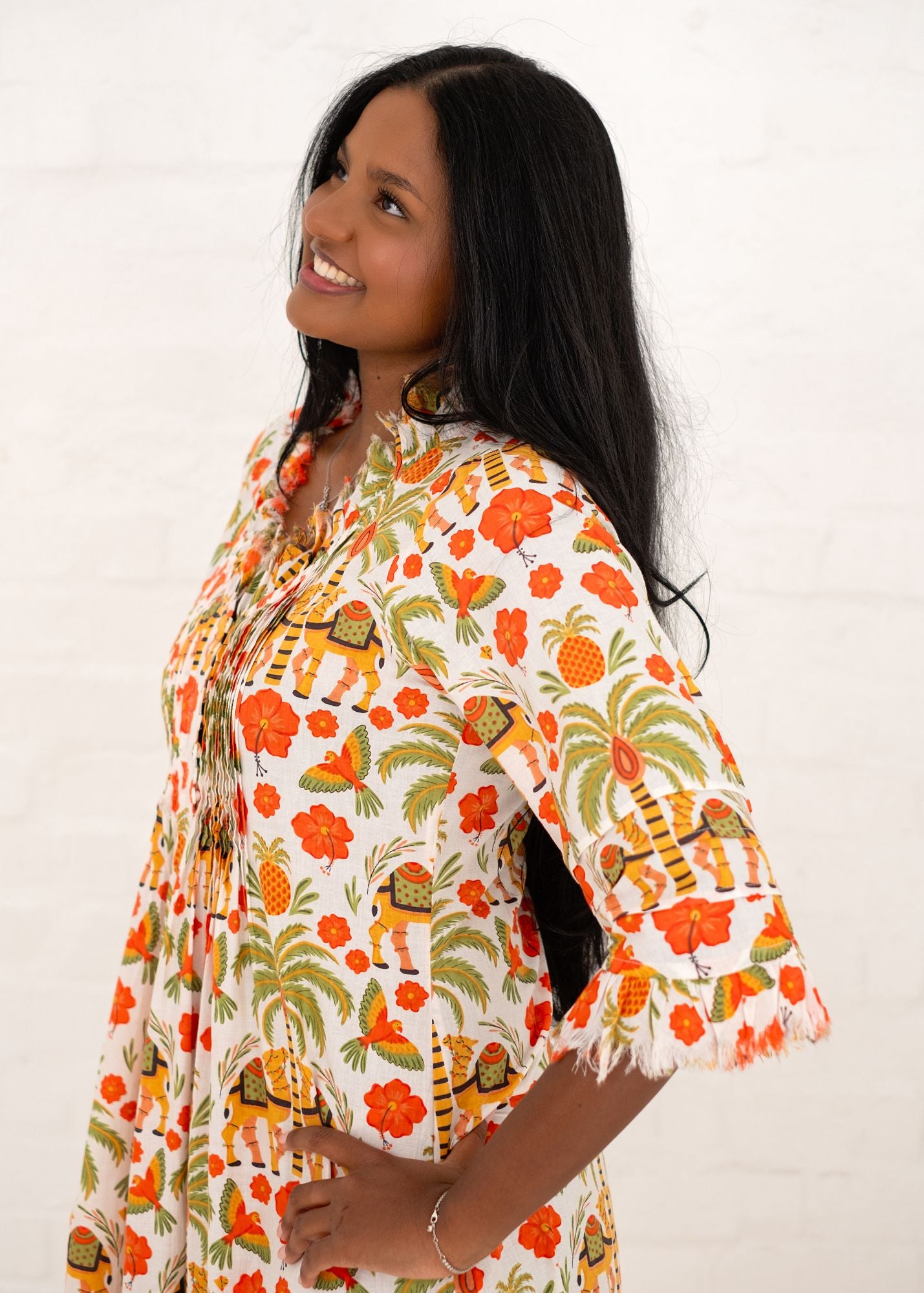 Sarah Dress with Frill in Orange and Green Camel