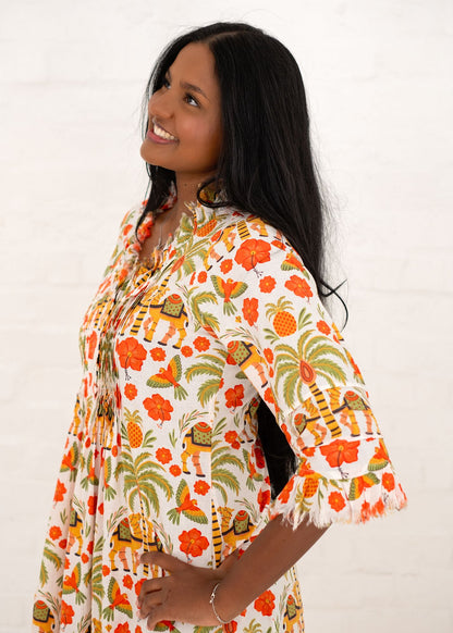 Sarah Dress with Frill in Orange and Green Camel