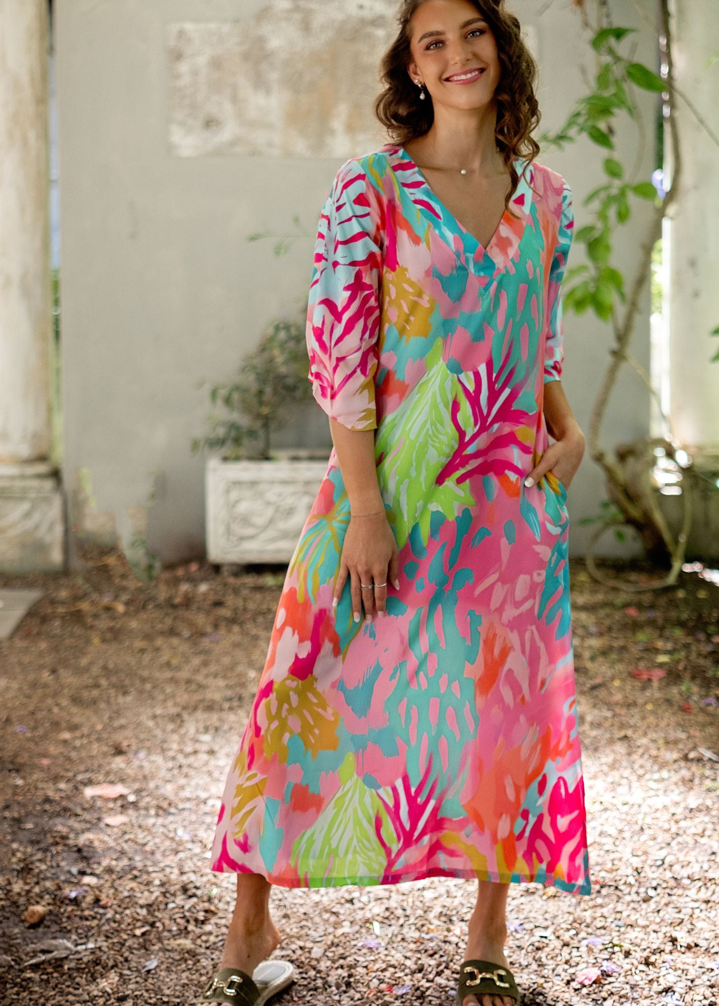 Gloria Dress with Tucked Sleeve Detail in Pink and Turquoise
