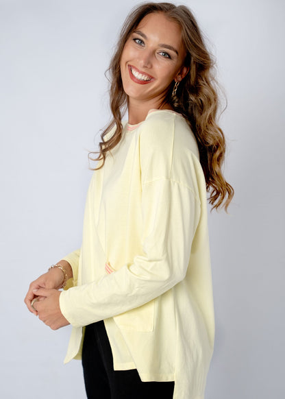 Lagen Top in Soft Yellow with Pink Detail on Trim
