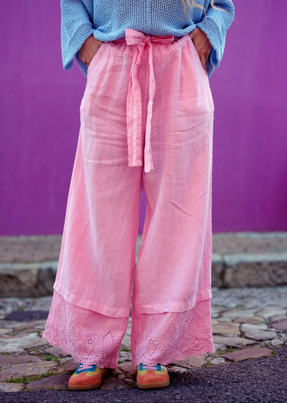Lino 100% Linen Pants in Pink Broderie