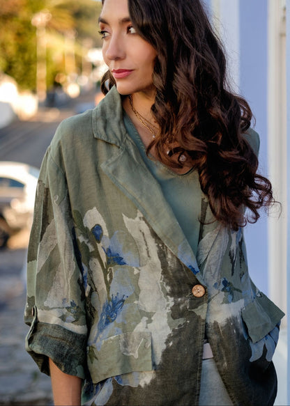 Lino 100% Linen Button Jacket in Heirloom Bloom Forest Frost