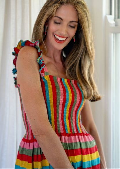 Aria Dress in Red Rainbow Stripes