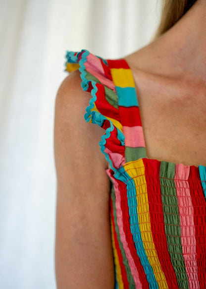 Aria Dress in Red Rainbow Stripes