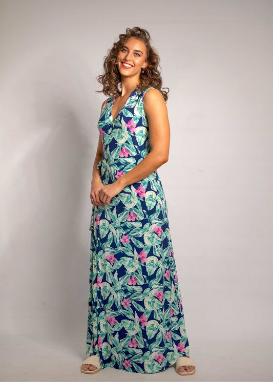 Sleeveless Maxi  Wrap dress , Blue and Pink Floral
