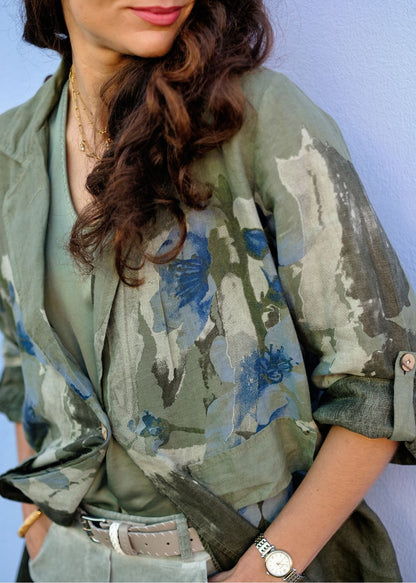 Lino 100% Linen Button Jacket in Heirloom Bloom Forest Frost