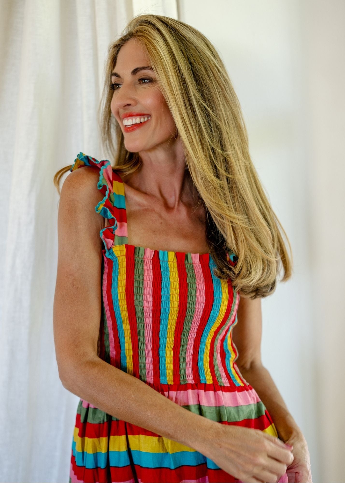 Aria Dress in Red Rainbow Stripes