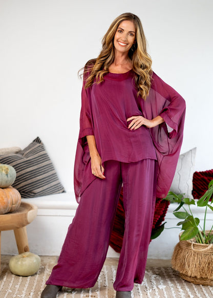 Sophia 100% Silk Flow Pants in Merlot