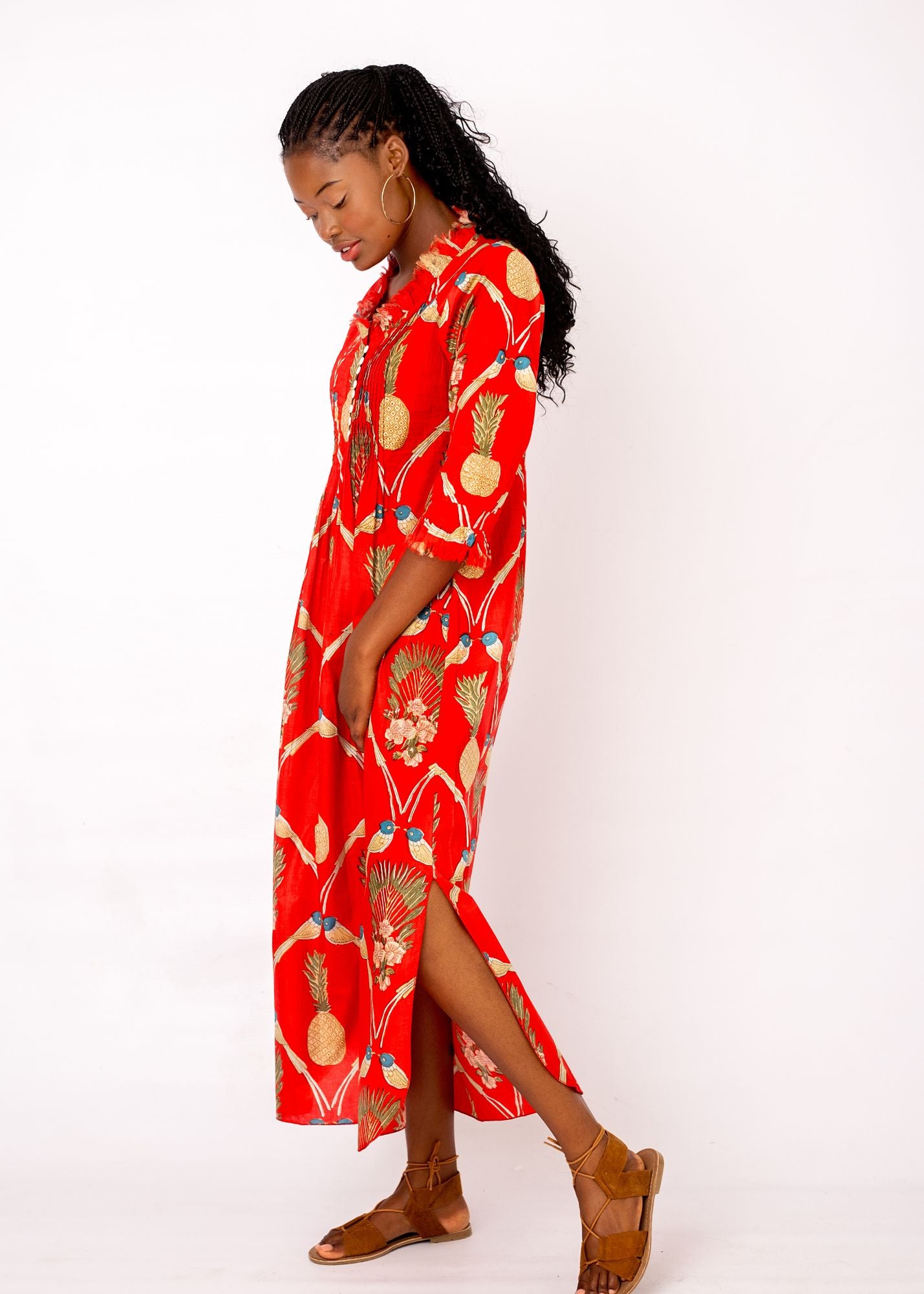 Sarah Dress with Frill in Red with Pineapple