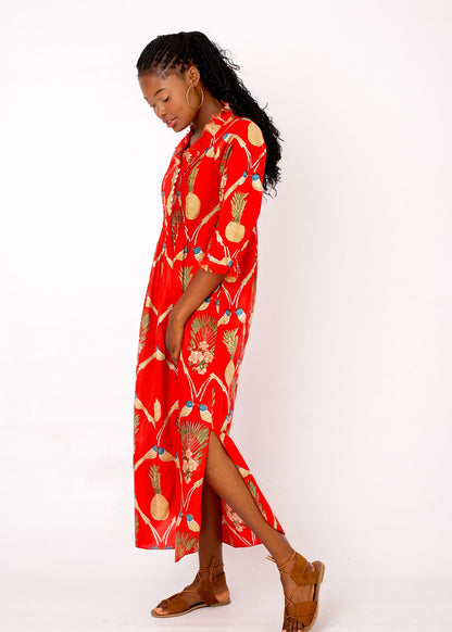 Sarah Dress with Frill in Red with Pineapple