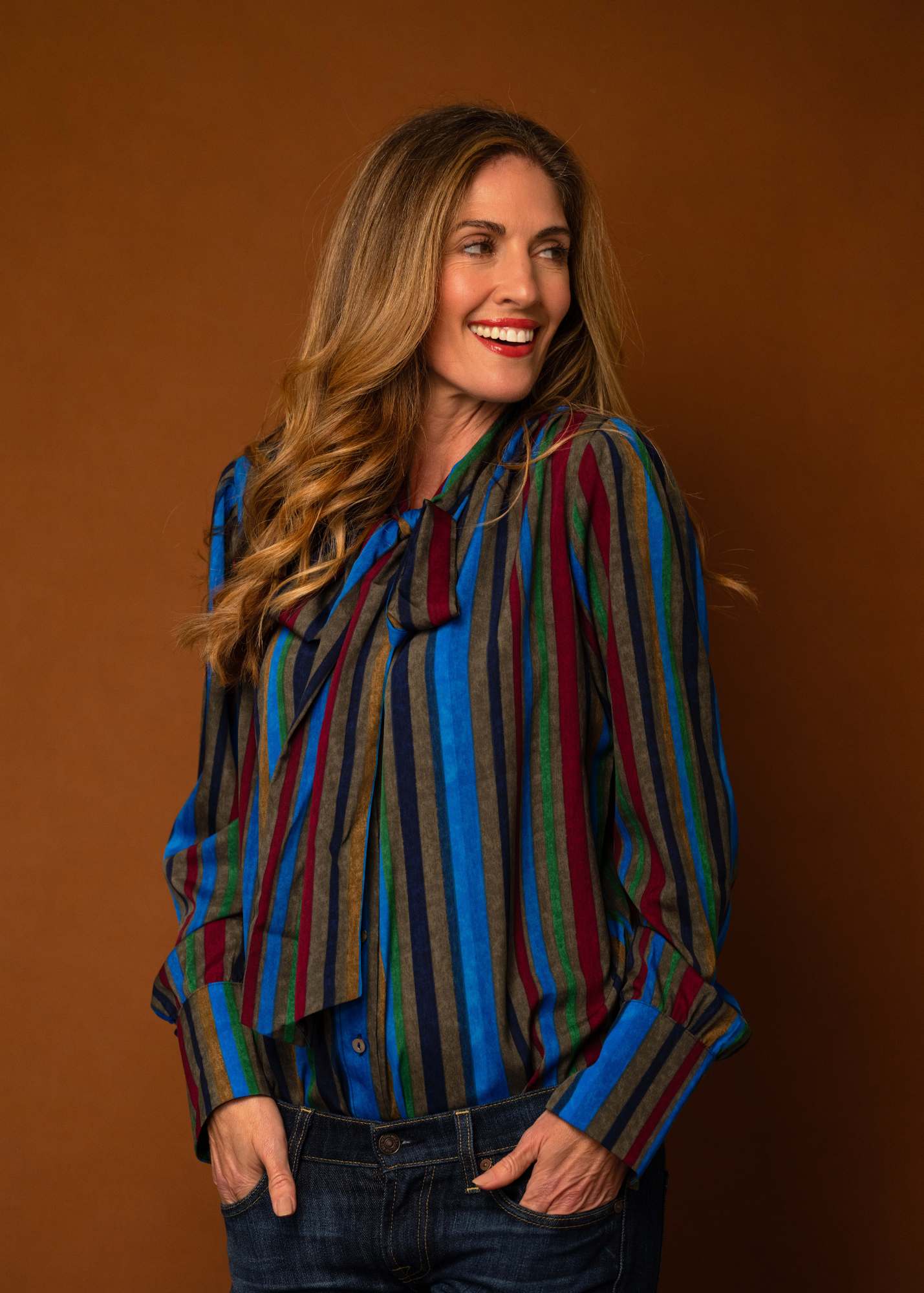 Pussycat Bow blouse, Grey, Blue and Maroon Stripes