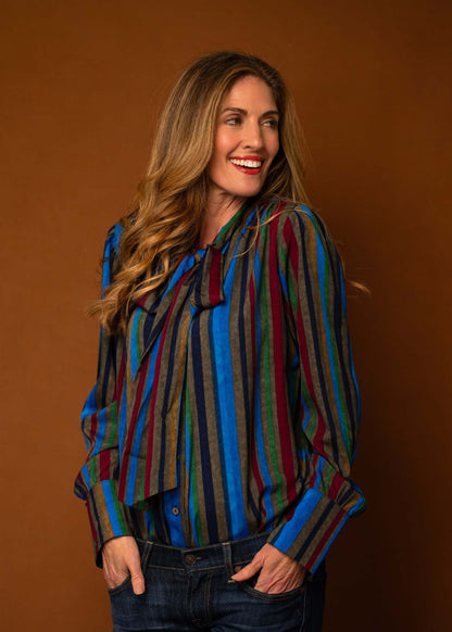 Pussycat Bow blouse, Grey, Blue and Maroon Stripes