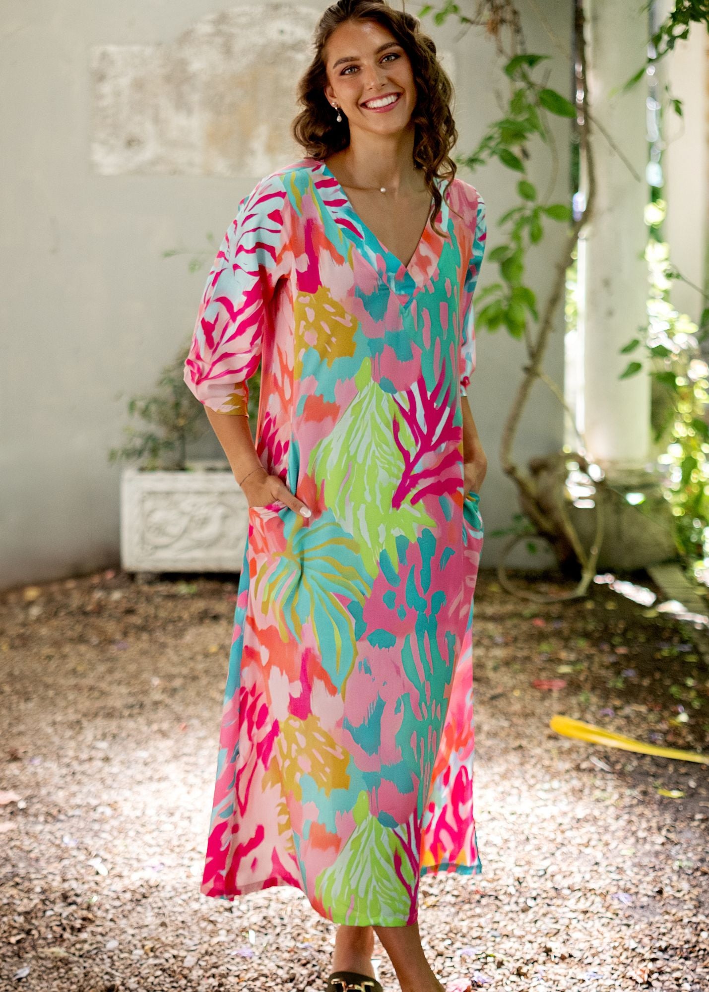 Gloria Dress with Tucked Sleeve Detail in Pink and Turquoise