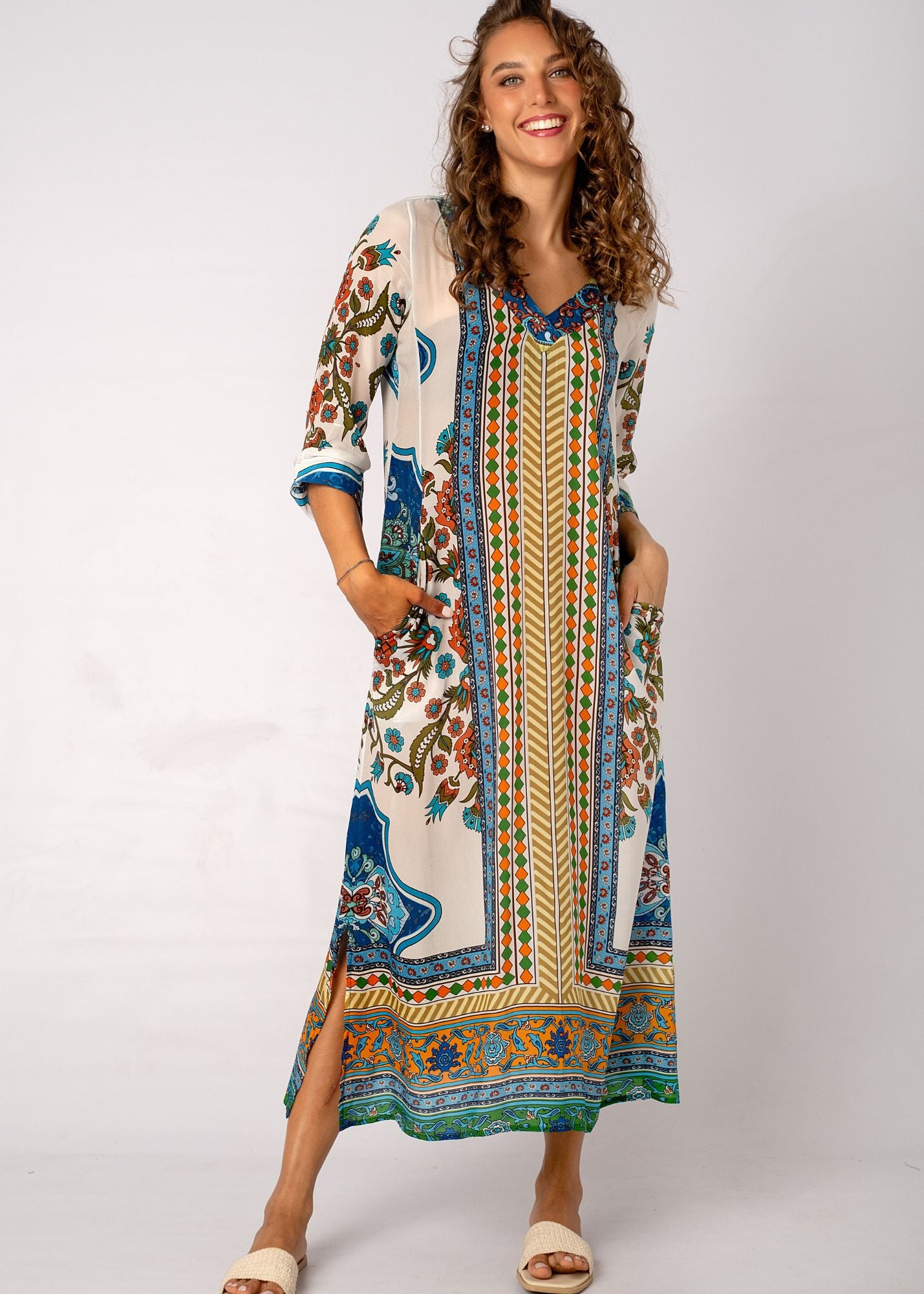 Gloria Dress with Tucked Sleeve Detail in Meadow Mosaic