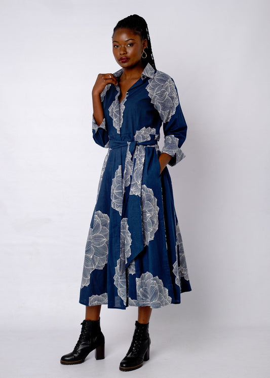 Marigold Shirt Dress in Indigo Bloom