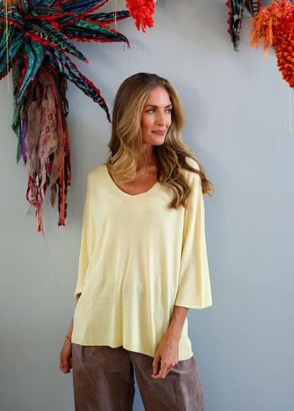 Slouchy Susan Knitted 3/4 Sleeve Top in Lemon