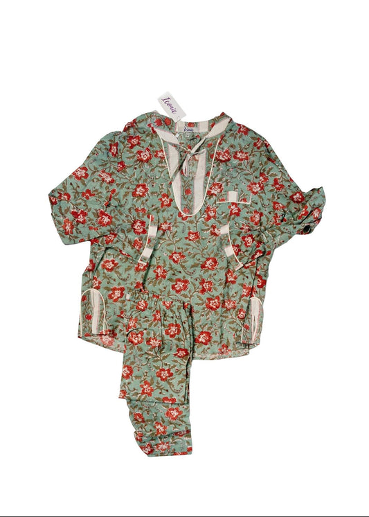 Long PJ Set in Green and Pink with White Contrast (V-Neck Style)