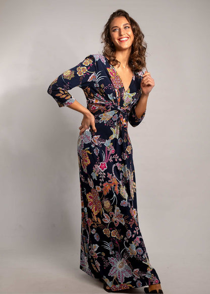 Paris knot dress, Navy Floral 3/4 sleeve