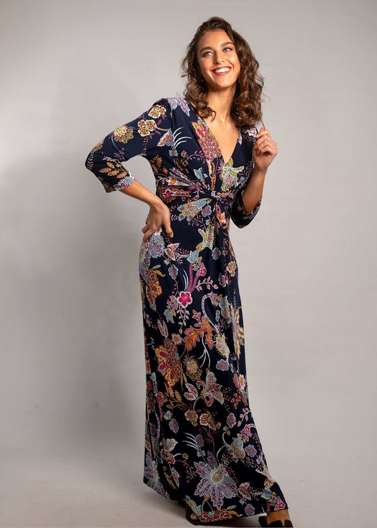 Paris knot dress, Navy Floral 3/4 sleeve
