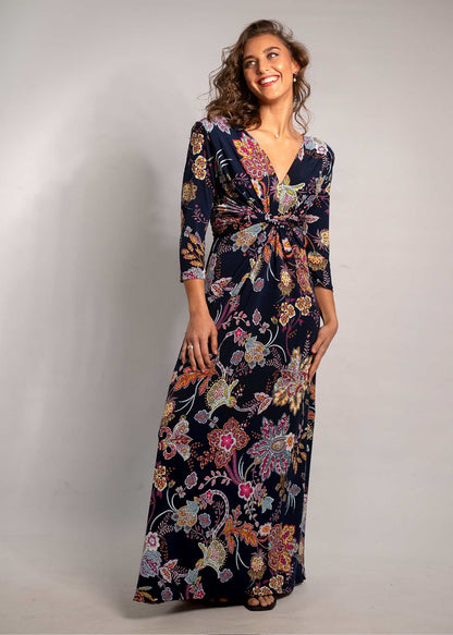 Paris knot dress, Navy Floral 3/4 sleeve