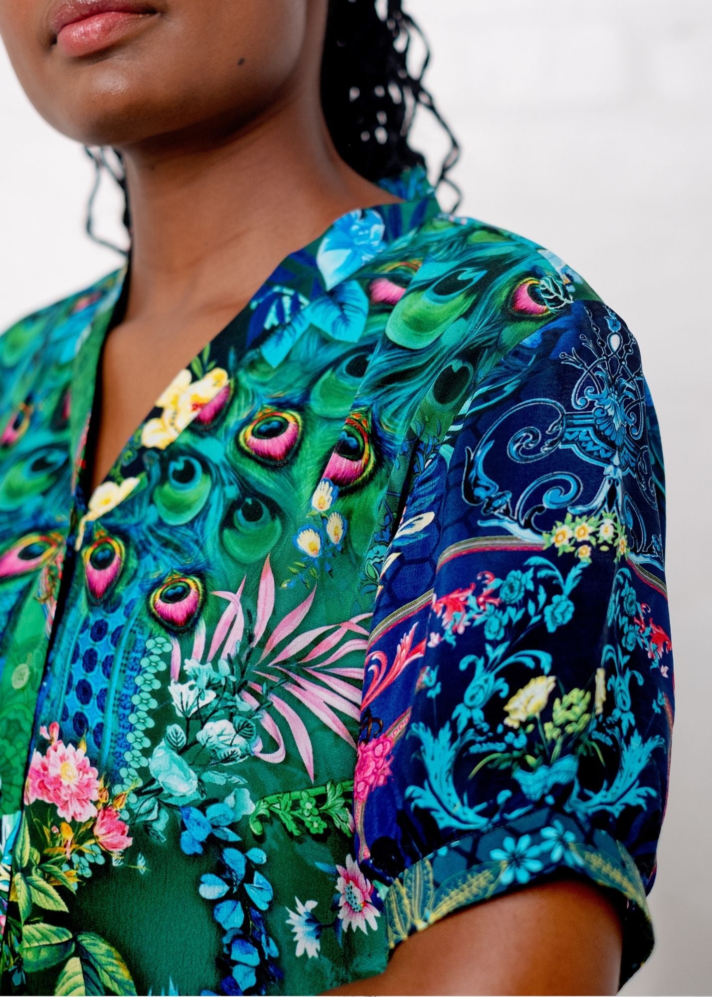 Maxine Dress in Blue and Green Peacock