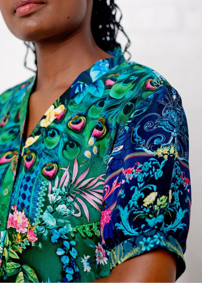 Maxine Dress in Blue and Green Peacock